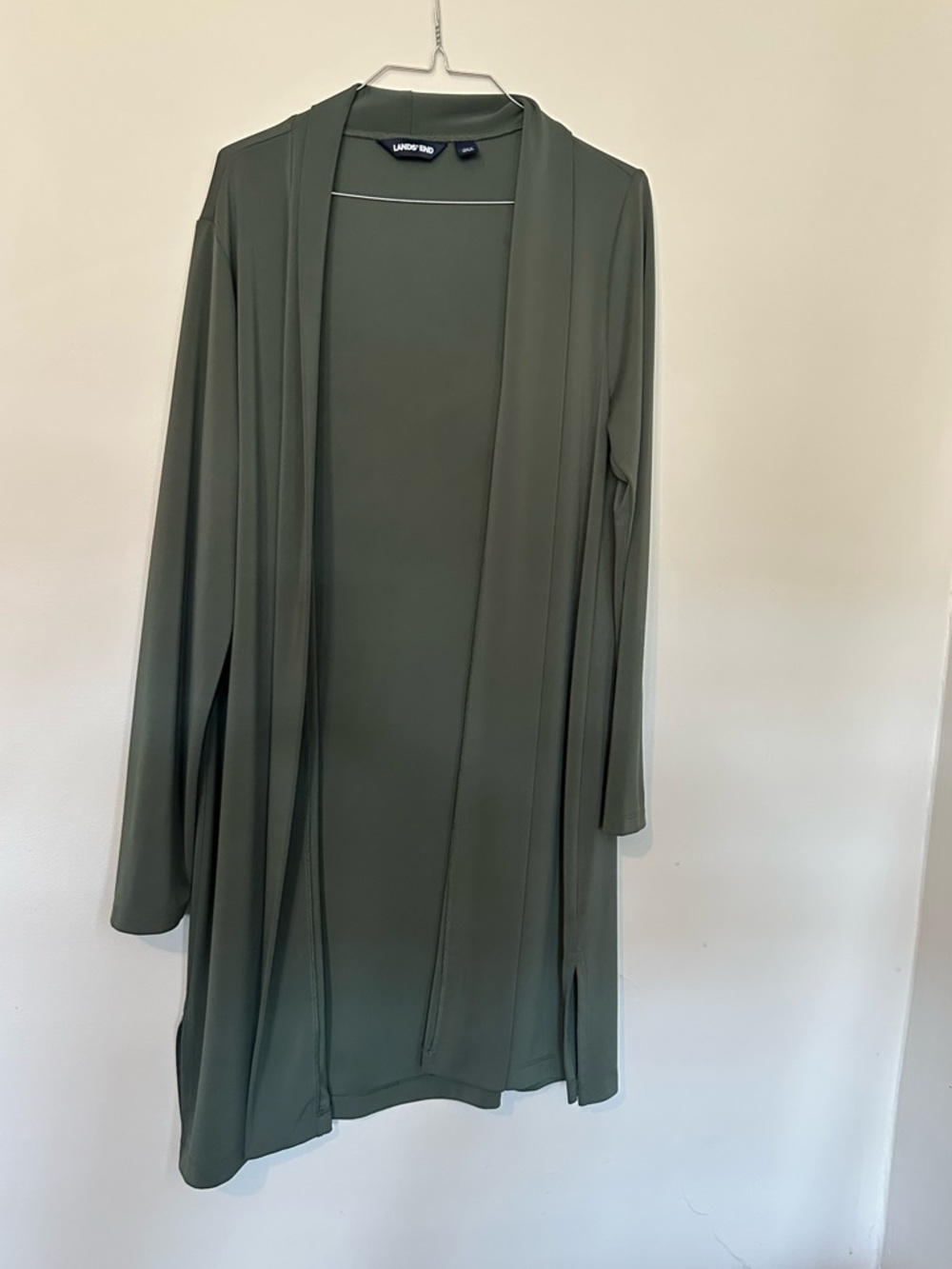 Lands end long open olive green cardigan size medium
